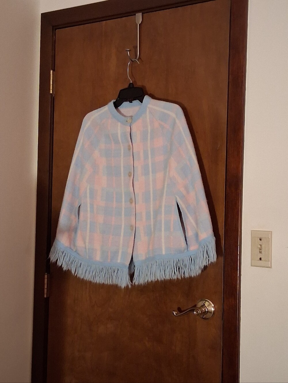Vintage 1972 Plaid Poncho Cape Pink Blue Fringe Button Front Boho Hippie XS S